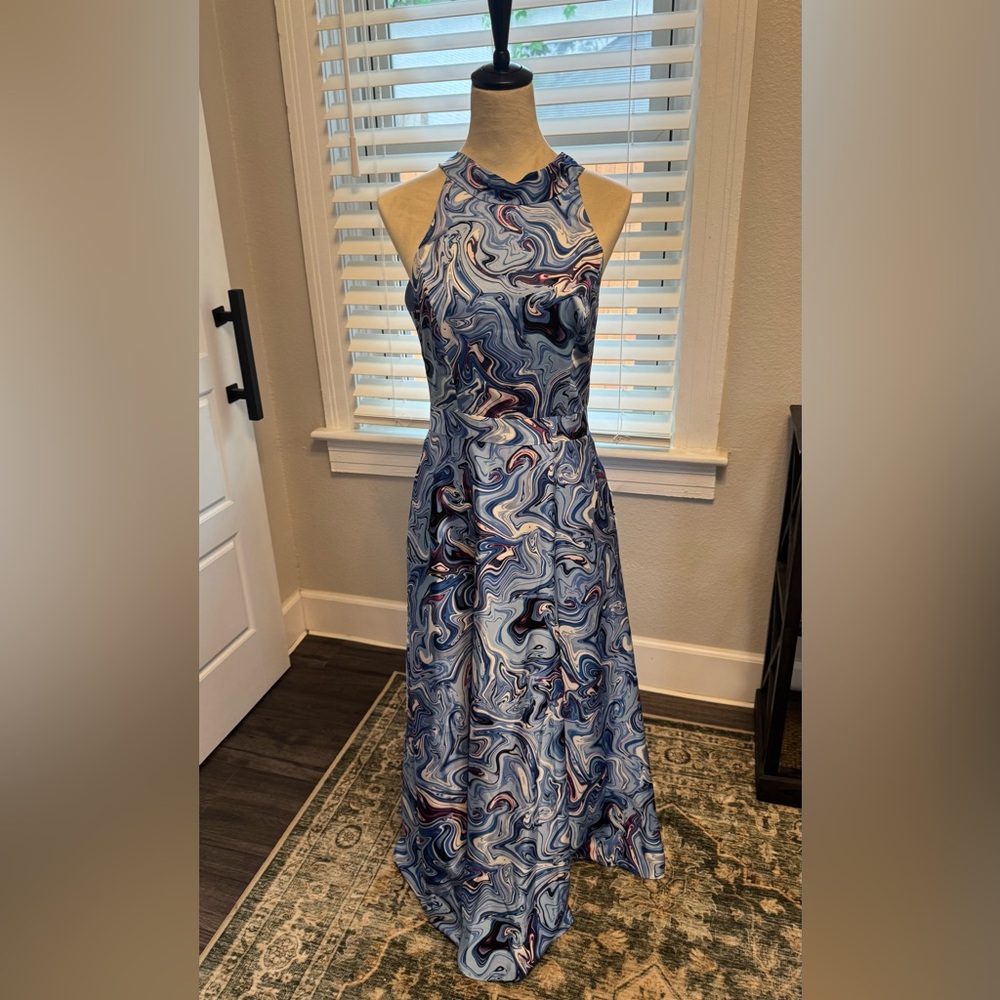 Tahari elegant halter blue paisley midi dress - Picture 2 of 8